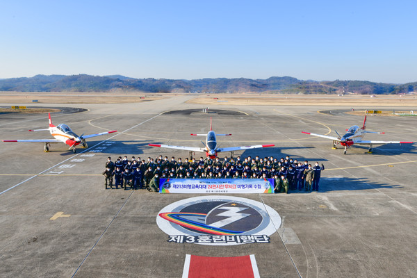 지난 7일, 제3훈련비행단 213대대 24만 시간 무사고 비행기록 수립 행사에 참석한 3훈비 장병들이 기록 수립을 축하하며 파이팅 포즈를 취하고 있다.
