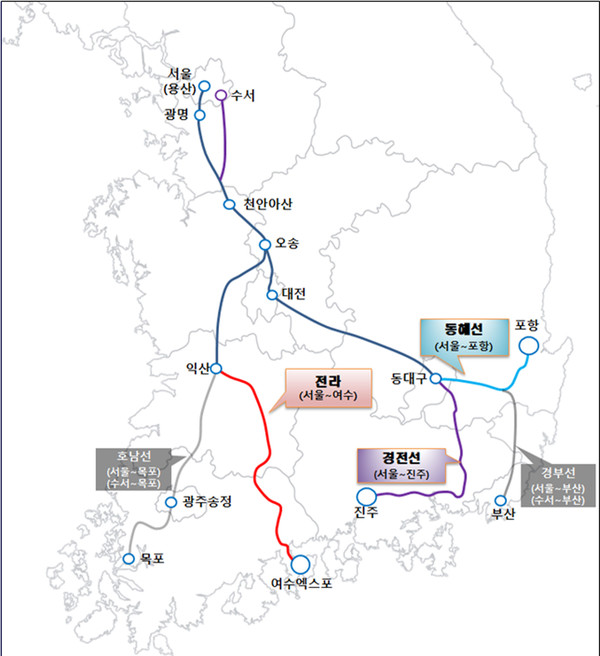 올해 9월부터 진주-서울 수서 간 고속철도 SRT 신설 운행(고속철도 노선도)
