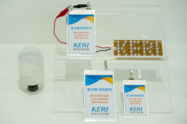 KERI 습식 합성 공정으로 제조된 고체전해질 분말(왼쪽)과 이를 활용한 전고체전지 시제품